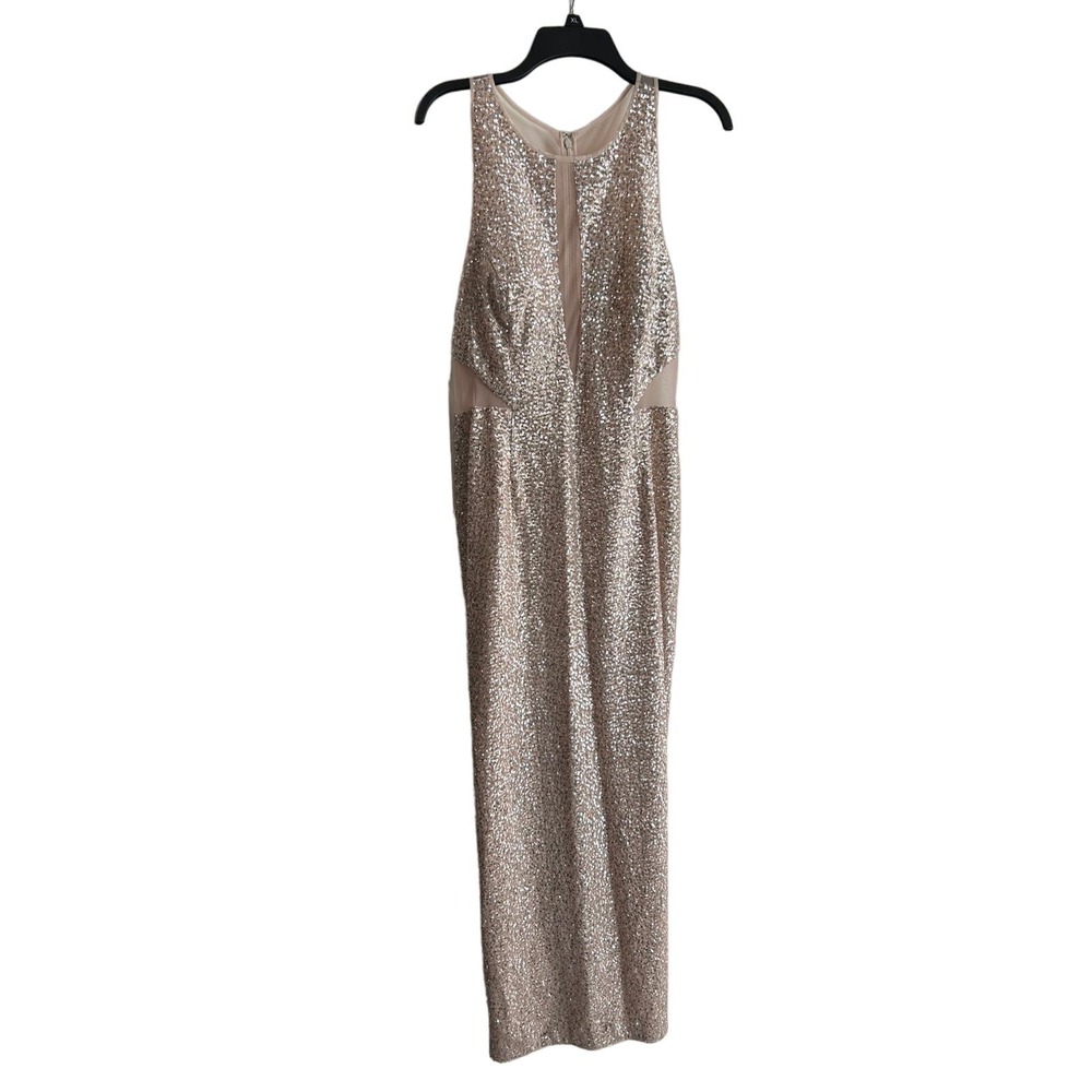 Aiden Mattox Gold Sequins Dress, High Slit, Deep Illusion V-Neck | Size 12